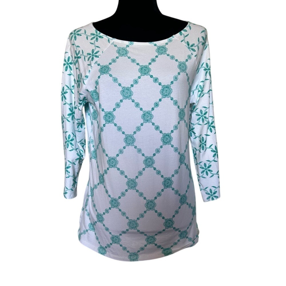 Denim & Co Womens Teal White Geometric Floral 3/4 Sleeve Raglan Top Small